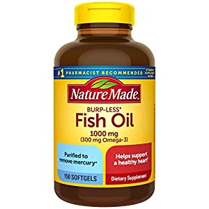 Nature Made Burp-Less Fish Oil 1000 mg with 300 mg Omega-3, Dietary Supplement for Healthy Heart Support, 150 Softgels…